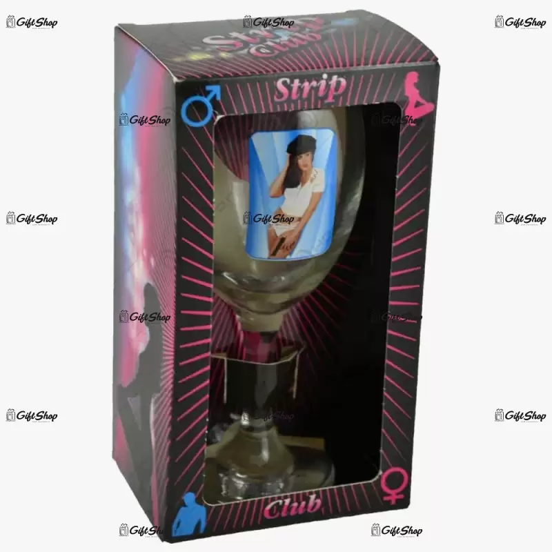 Pahar de vin cu imagine de femeie termica in cutie decorativa – strip club f