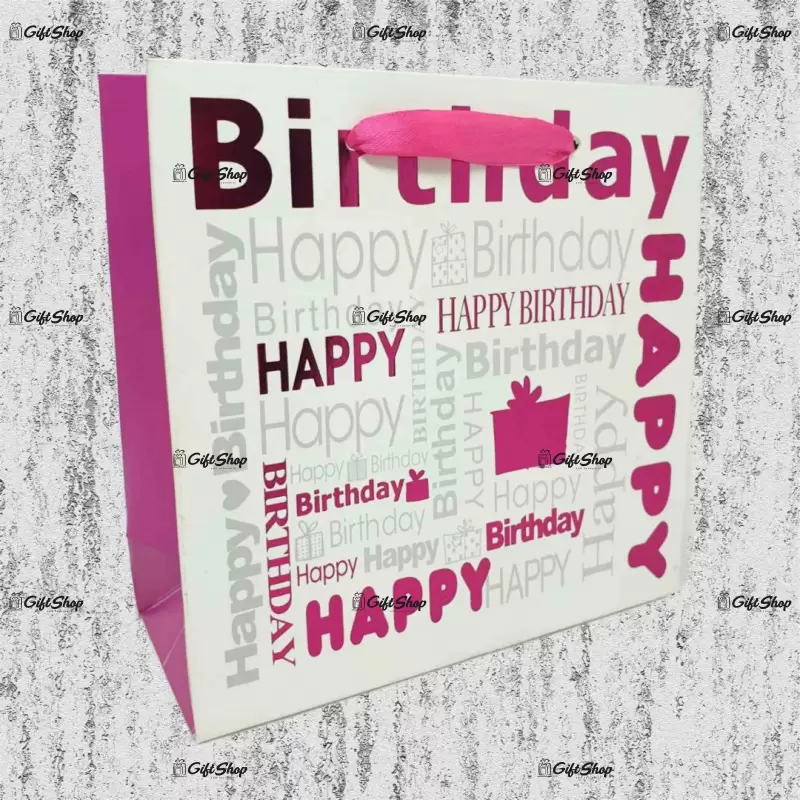 Plasa cadou, cu model happy birthday roz a