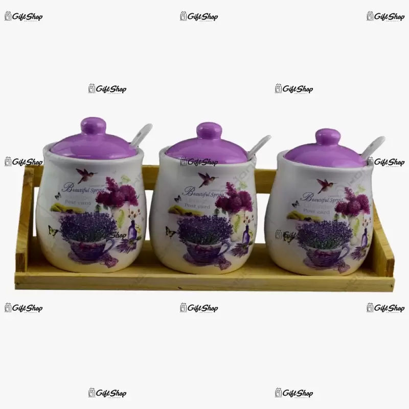 Set 3 recipiente realizate din ceramica pentru condimente cu capac si lingurita – design lavanda jardin