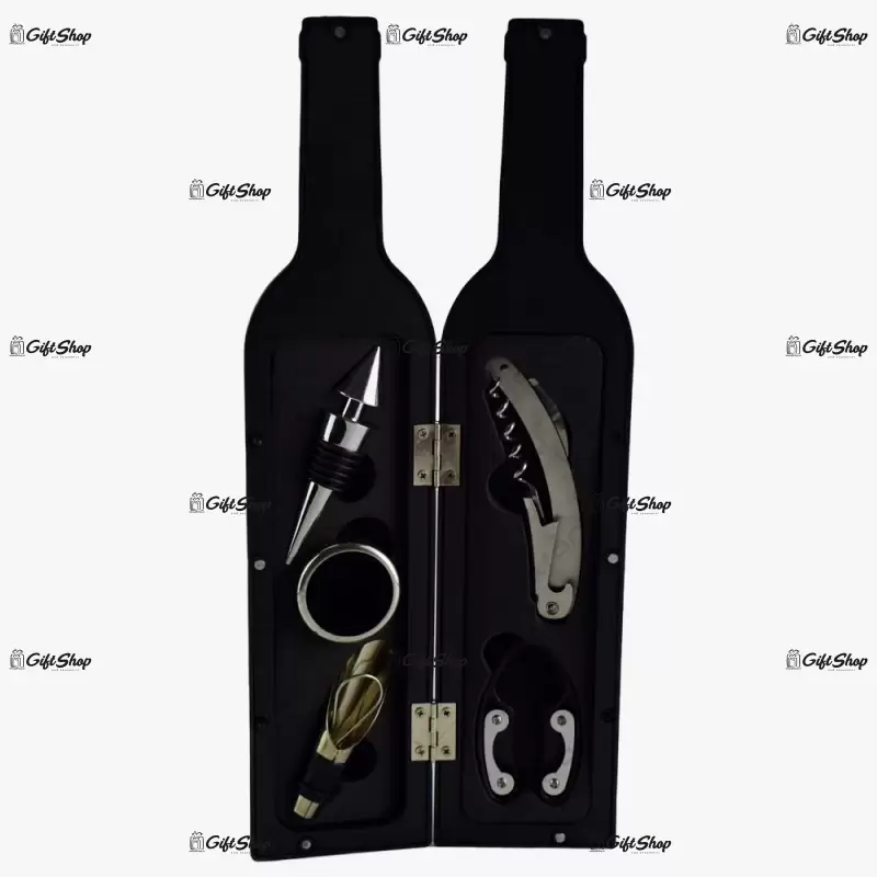 Set 5 accesorii pentru vin in cutie sub forma de sticla