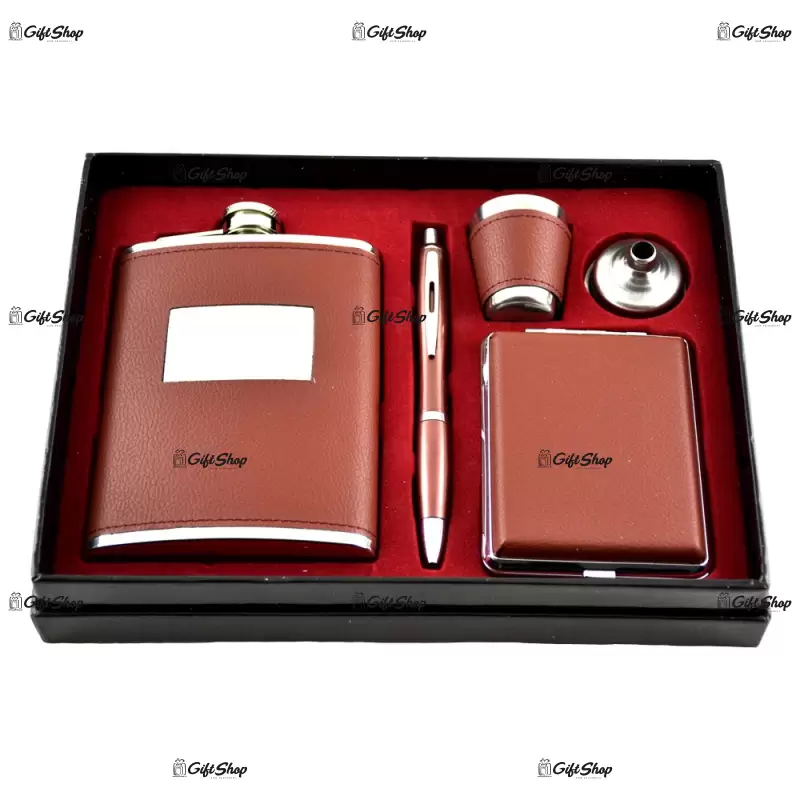 Set cadou port tigaret, plosca, pix, pahar si palnie