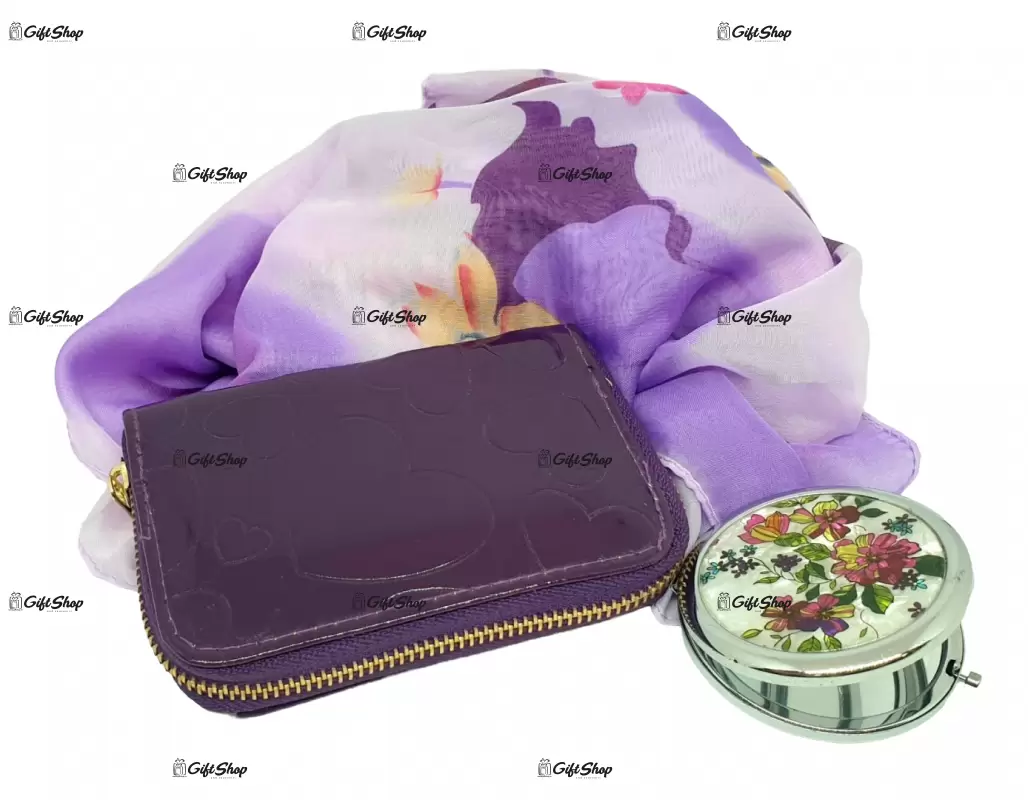 Set cadou femei, esarfa, portofel si oglinda mov