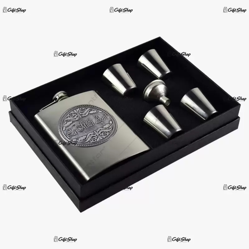 La multi ani, set plosca cu 4 pahare inox