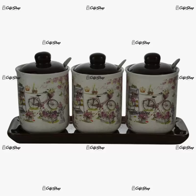 Set recipient condimente din ceramica cu lingurita pe talpa din ceramica bicycle