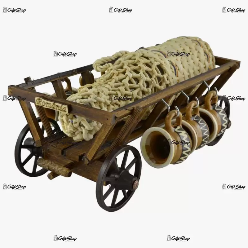 Suport lemn cu sticla impletita si cani din ceramica in forma de caruta, design rustic