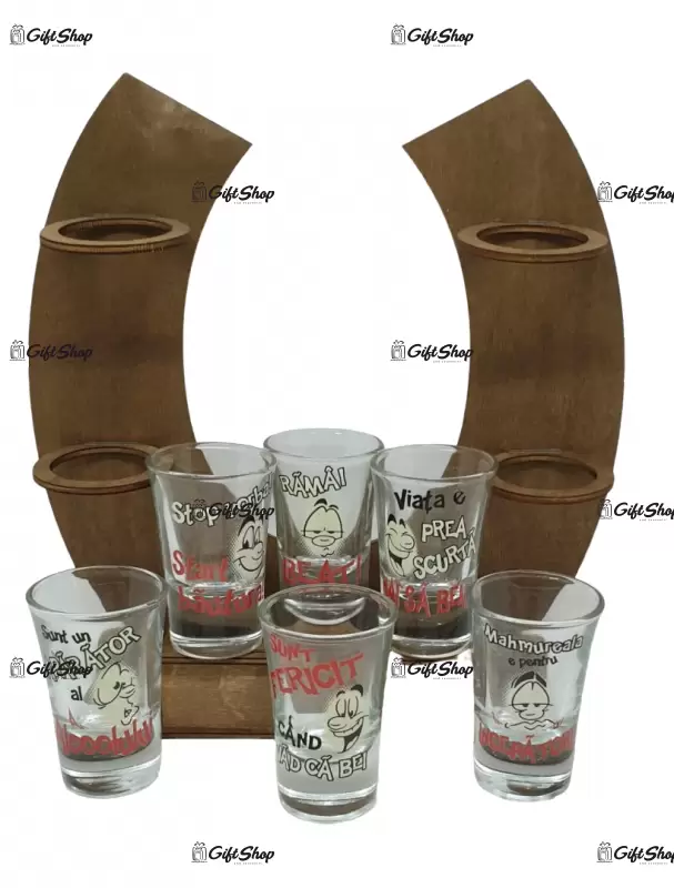 Suport din lemn in forma de potcoava cu pahare haioase tip shout a