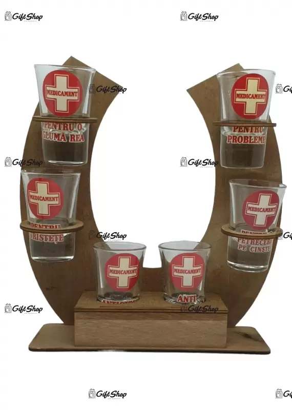 Suport din lemn in forma de potcoava cu pahare haioase tip shout c