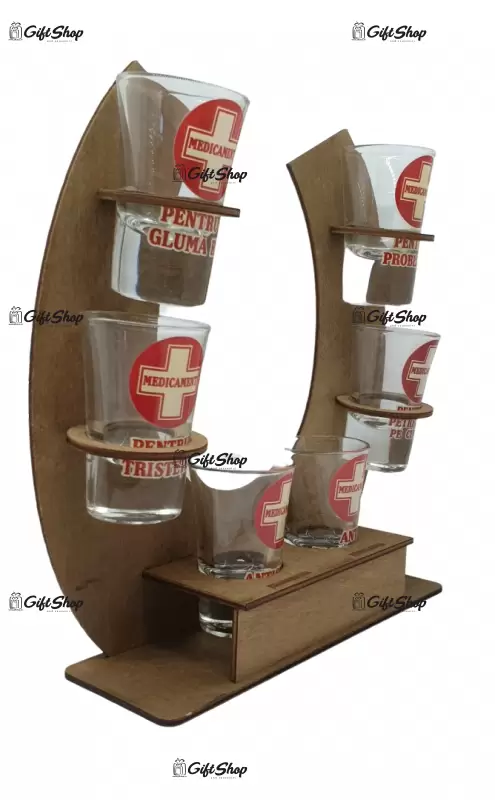 Suport din lemn in forma de potcoava cu pahare haioase tip shout c