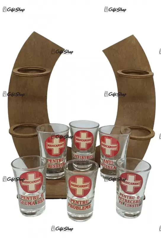 Suport din lemn in forma de potcoava cu pahare haioase tip shout c