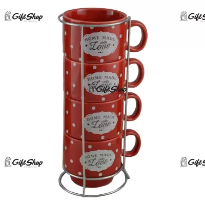 Set 4 cestii pentru cafea cu suport – Design cu buline si inscriptia „Home Made with Love”