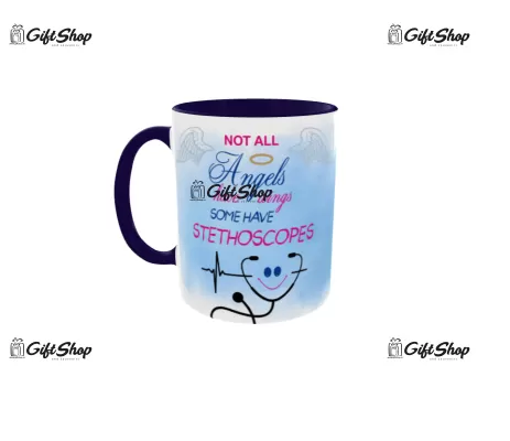 Cana albastra gift shop personalizata cu mesaj, not all angels have wings some have stethoscopes, din ceramica, 330ml