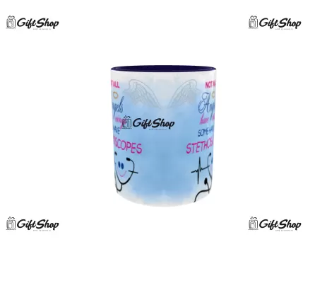 Cana albastra gift shop personalizata cu mesaj, not all angels have wings some have stethoscopes, din ceramica, 330ml