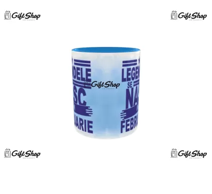 Cana albastra gift shop personalizata cu mesaj, legendele se nasc in februarie, din ceramica, 330ml