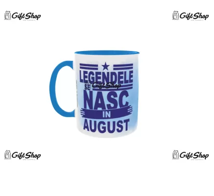 Cana albastra gift shop personalizata cu mesaj, legendele se nasc in august, din ceramica, 330ml