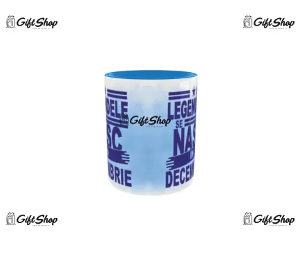 Cana albastra gift shop personalizata cu mesaj, legendele se nasc in decembrie, din ceramica, 330ml