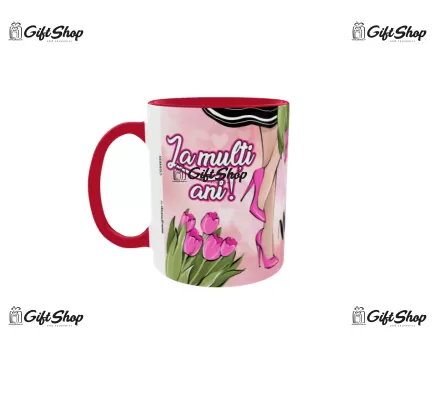 Cana rosie gift shop personalizata cu mesaj, 8 martie, model 2, din ceramica, 330ml