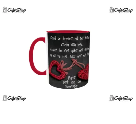 Cana rosie gift shop personalizata cu mesaj, esti tot ce am nevoie, din ceramica, 330ml