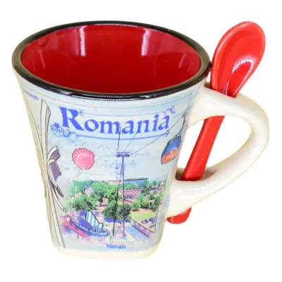 Cana din ceramica suvenir cu lingurita rosie, litoral romania, 90 ml, cu cutie decorativa