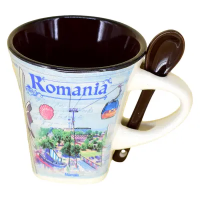 Cana din ceramica suvenir cu lingurita maro, litoral romania, 90 ml, cu cutie decorativa