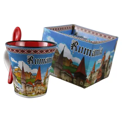 Cana din ceramica suvenir cu lingurita rosie, castele romania, vlad tepes, 90 ml, cu cutie decorativa