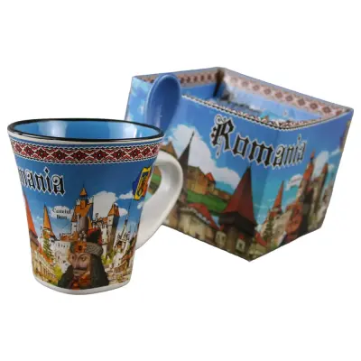 Cana din ceramica suvenir cu lingurita albastra, castele romania, vlad tepes, 90 ml, cu cutie decorativa