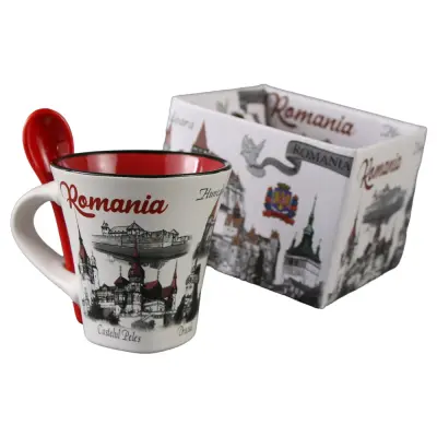 Cana din ceramica suvenir cu lingurita rosie, castele romania, 90 ml, cu cutie decorativa, model 382351