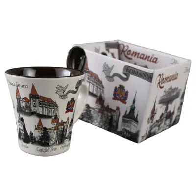 Cana din ceramica suvenir cu lingurita maro, castele romania, 90 ml, cu cutie decorativa, model 382351