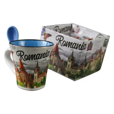 Cana din ceramica suvenir cu lingurita albastra, castele romania, 90 ml, cu cutie decorativa
