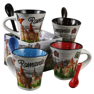 Cana din ceramica suvenir cu lingurita rosie, castele romania, 90 ml, cu cutie decorativa