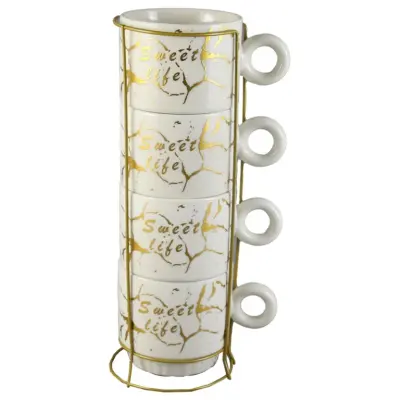 Set 4 cesti din ceramica cu suport metalic  sweet life   220 ml