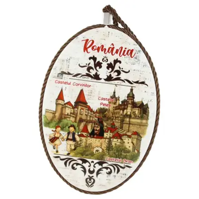 Decoratiune din ceramica, romania castele si copii in port traditional, suvenir giftshop 14x20x1 cm
