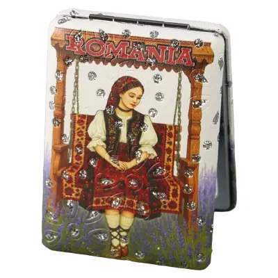 Oglinda de buzunar, femeie in leagan romania, suvenir giftshop, 6x8.5 cm