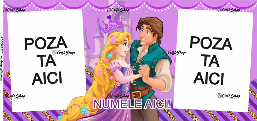 Cana personalizata gift shop cu 2 poze si text, Rapunzel, model 5, din ceramica, 330ml