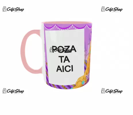 Cana personalizata gift shop cu 2 poze si text, Rapunzel, model 5, din ceramica, 330ml