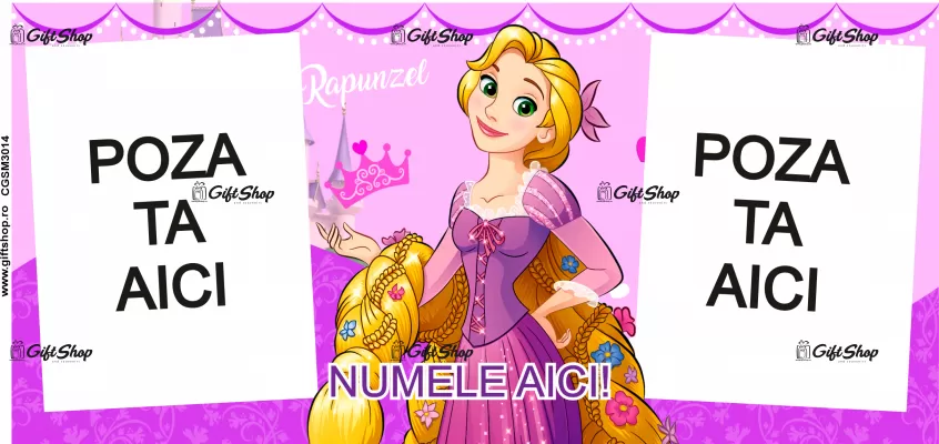 Cana personalizata gift shop cu 2 poze si text, Rapunzel, model 10, din ceramica, 330ml