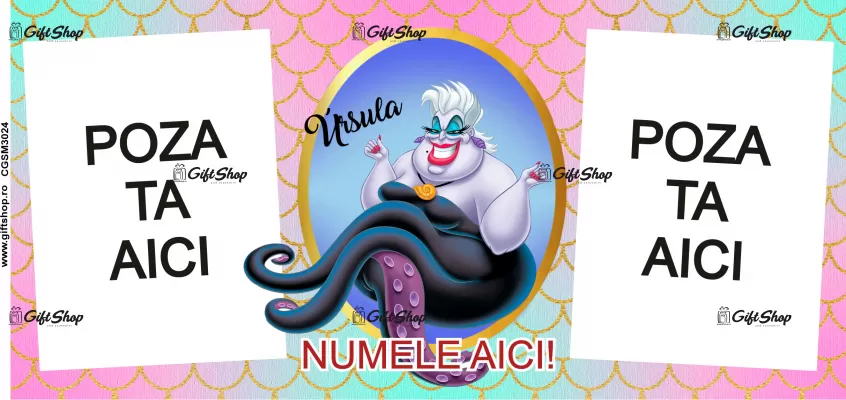 Cana personalizata gift shop cu 2 poze si text, Ursula, model 2, din ceramica, 330ml