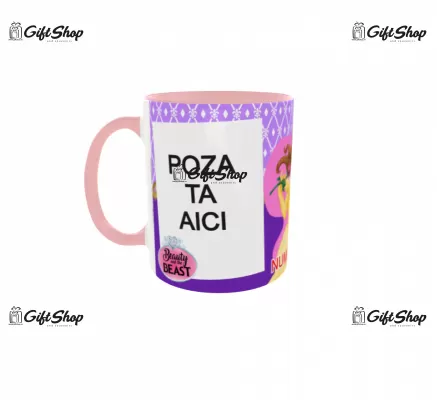Cana personalizata gift shop cu 2 poze si text, Beauty and the beast, model 8, din ceramica, 330m