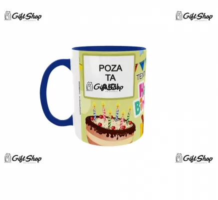 Cana personalizata gift shop cu 2 poze si text, Happy birthday, model 19, din ceramica, 330ml